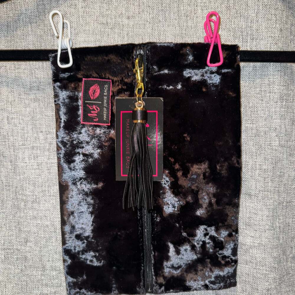 Makeup Junkie Black Crushed Velvet Cosmetic Bag with Tassel Zip